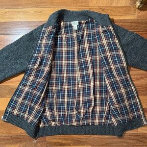 L.L.Bean XL Tall Lambswool Zip Sweater Jacket Charcoal Gray Plaid Lined 265773